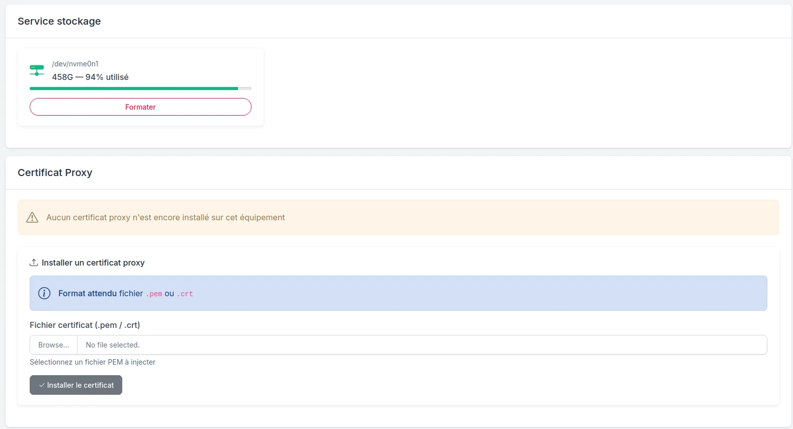 Configuration du stockage local et des certificats proxy